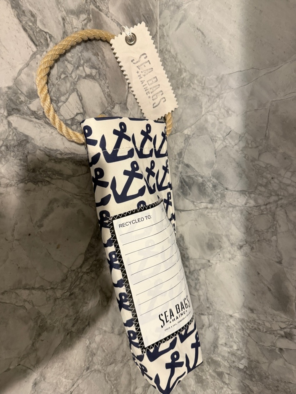 Sea Bags of Maine-Navy and White Anchor Wine Bag/Tote with Rope Handle